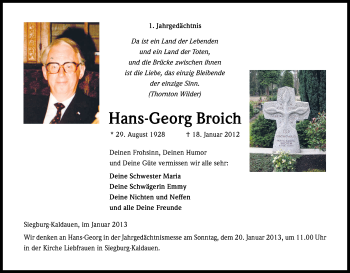 Anzeige von Hans-Georg Broich von Kölner Stadt-Anzeiger / Kölnische Rundschau / Express
