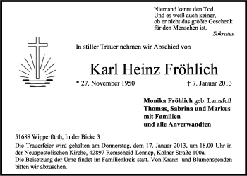 Anzeige von Karl-Heinz Fröhlich von Kölner Stadt-Anzeiger / Kölnische Rundschau / Express