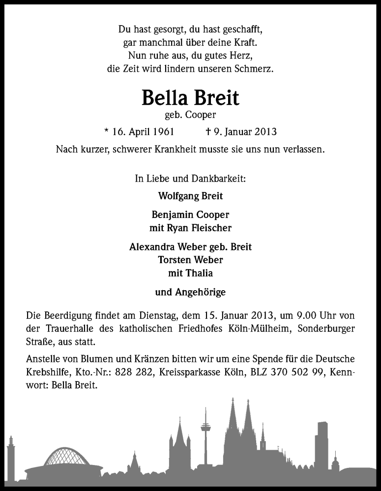  Traueranzeige für Bella Breit vom 12.01.2013 aus Kölner Stadt-Anzeiger / Kölnische Rundschau / Express