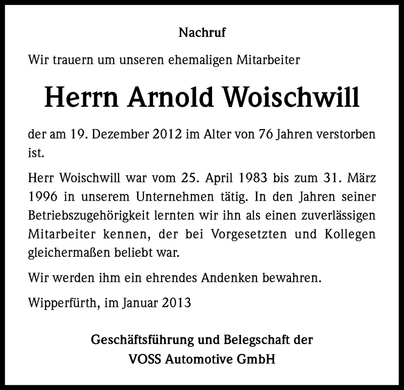  Traueranzeige für Arnold Woischwill vom 12.01.2013 aus Kölner Stadt-Anzeiger / Kölnische Rundschau / Express