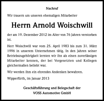 Anzeige von Arnold Woischwill von Kölner Stadt-Anzeiger / Kölnische Rundschau / Express
