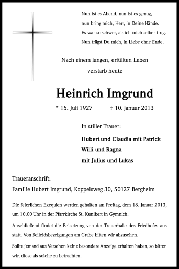 Anzeige von Heinrich Imgrund von Kölner Stadt-Anzeiger / Kölnische Rundschau / Express