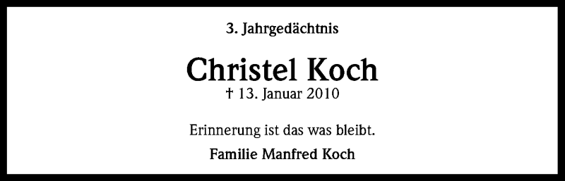  Traueranzeige für Christel Koch vom 12.01.2013 aus Kölner Stadt-Anzeiger / Kölnische Rundschau / Express