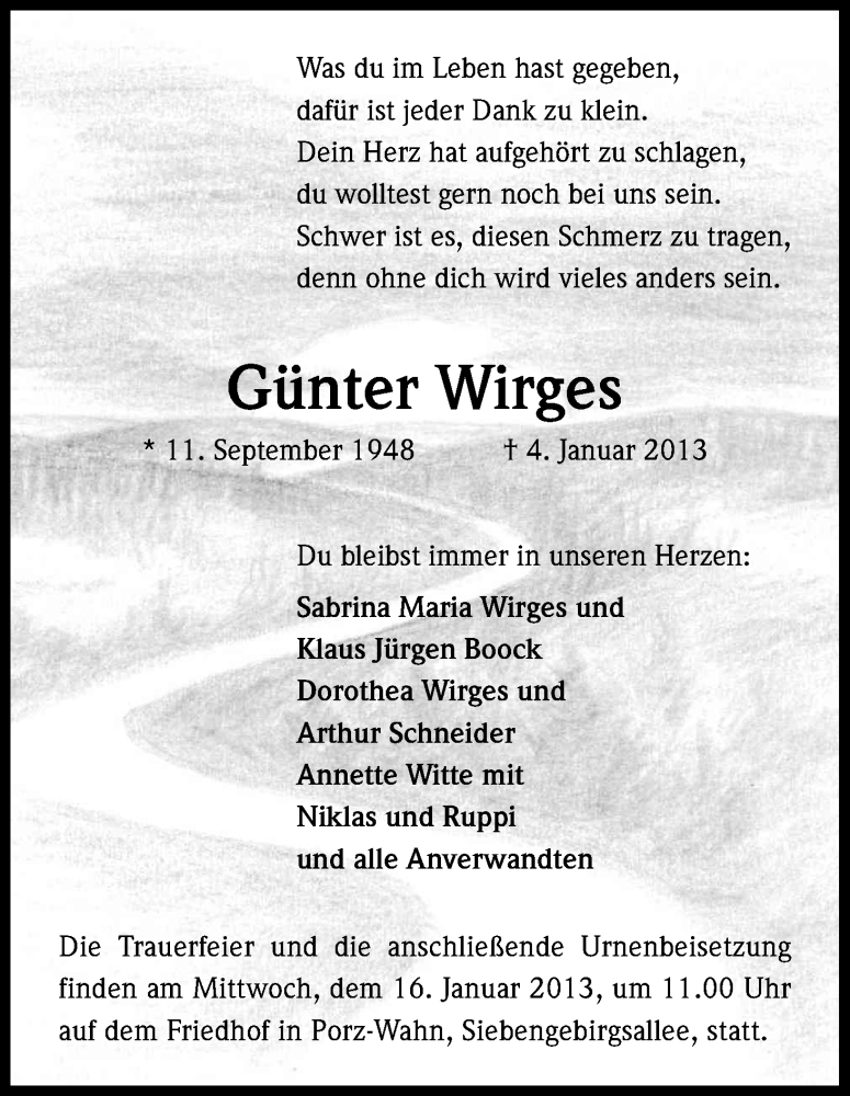  Traueranzeige für Günter Wirges vom 12.01.2013 aus Kölner Stadt-Anzeiger / Kölnische Rundschau / Express