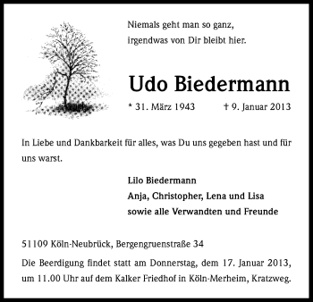 Anzeige von Udo Biedermann von Kölner Stadt-Anzeiger / Kölnische Rundschau / Express
