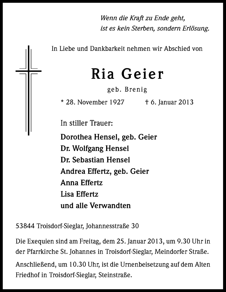  Traueranzeige für Ria Geier vom 12.01.2013 aus Kölner Stadt-Anzeiger / Kölnische Rundschau / Express