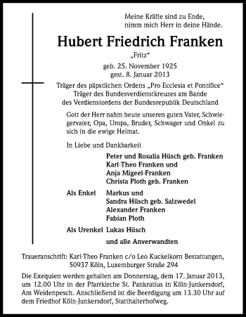 Anzeige von Hubert Friedrich Franken von Kölner Stadt-Anzeiger / Kölnische Rundschau / Express