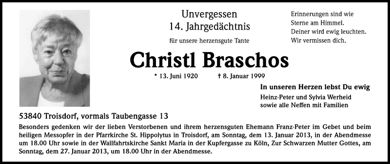  Traueranzeige für Christl Braschos vom 12.01.2013 aus Kölner Stadt-Anzeiger / Kölnische Rundschau / Express