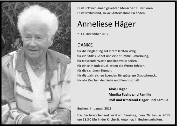 Anzeige von Anneliese Häger von Kölner Stadt-Anzeiger / Kölnische Rundschau / Express