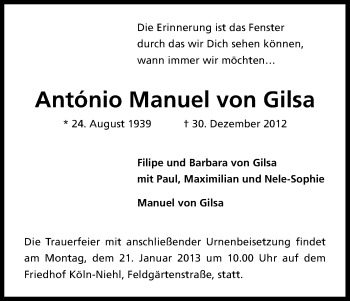 Anzeige von Manuel von Gilsa António von Kölner Stadt-Anzeiger / Kölnische Rundschau / Express
