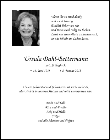 Anzeige von Ursula Dahl-Bettermann von Kölner Stadt-Anzeiger / Kölnische Rundschau / Express
