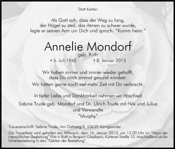 Anzeige von Annelie Mondorf von Kölner Stadt-Anzeiger / Kölnische Rundschau / Express