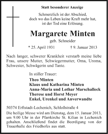 Anzeige von Margarete Minten von Kölner Stadt-Anzeiger / Kölnische Rundschau / Express