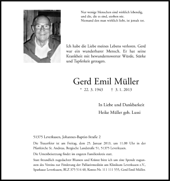 Anzeige von Gerd Emil Müller von Kölner Stadt-Anzeiger / Kölnische Rundschau / Express