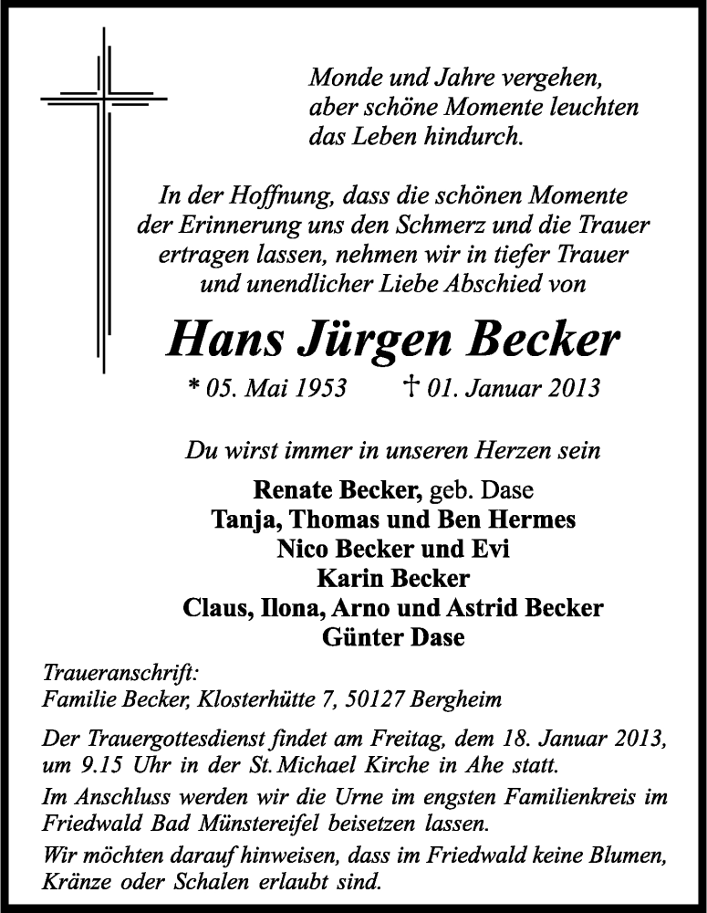  Traueranzeige für Hans Jürgen Becker vom 12.01.2013 aus Kölner Stadt-Anzeiger / Kölnische Rundschau / Express