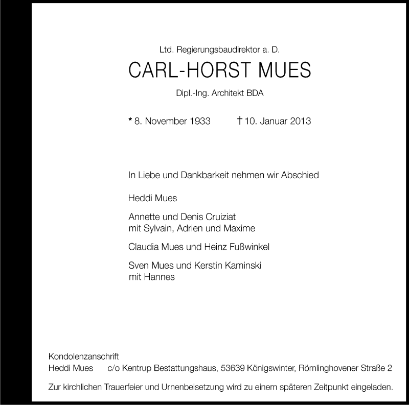  Traueranzeige für Carl-Horst Mues vom 12.01.2013 aus Kölner Stadt-Anzeiger / Kölnische Rundschau / Express
