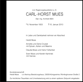 Anzeige von Carl-Horst Mues von Kölner Stadt-Anzeiger / Kölnische Rundschau / Express
