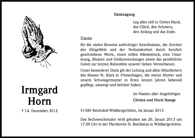  Traueranzeige für Irmgard Horn vom 16.01.2013 aus Kölner Stadt-Anzeiger / Kölnische Rundschau / Express