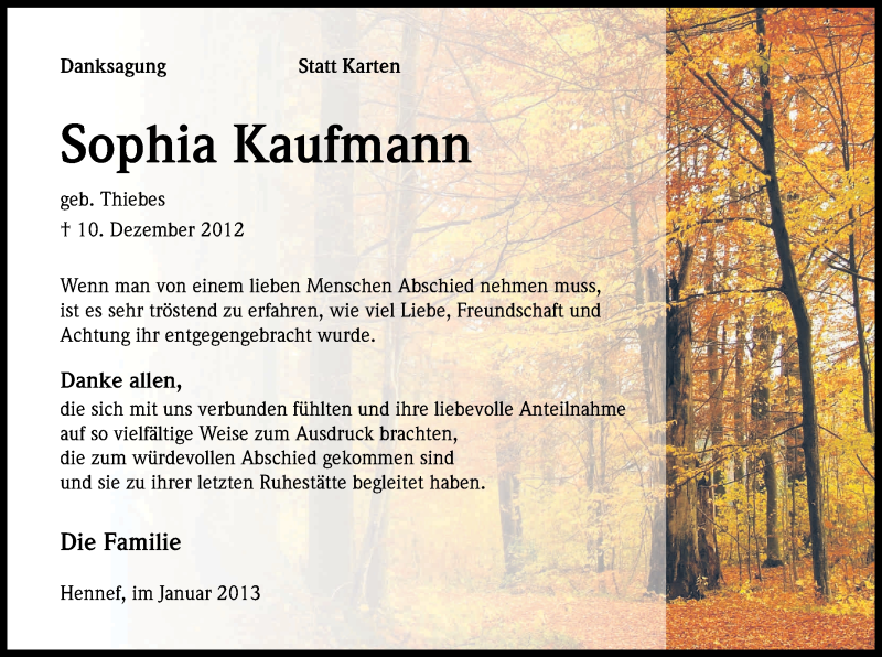  Traueranzeige für Sophia Kaufmann vom 12.01.2013 aus Kölner Stadt-Anzeiger / Kölnische Rundschau / Express