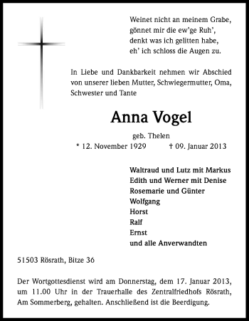 Anzeige von Anna Vogel von Kölner Stadt-Anzeiger / Kölnische Rundschau / Express