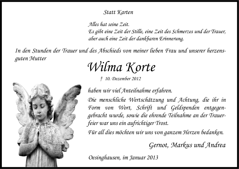  Traueranzeige für Wilma Korte vom 12.01.2013 aus Kölner Stadt-Anzeiger / Kölnische Rundschau / Express
