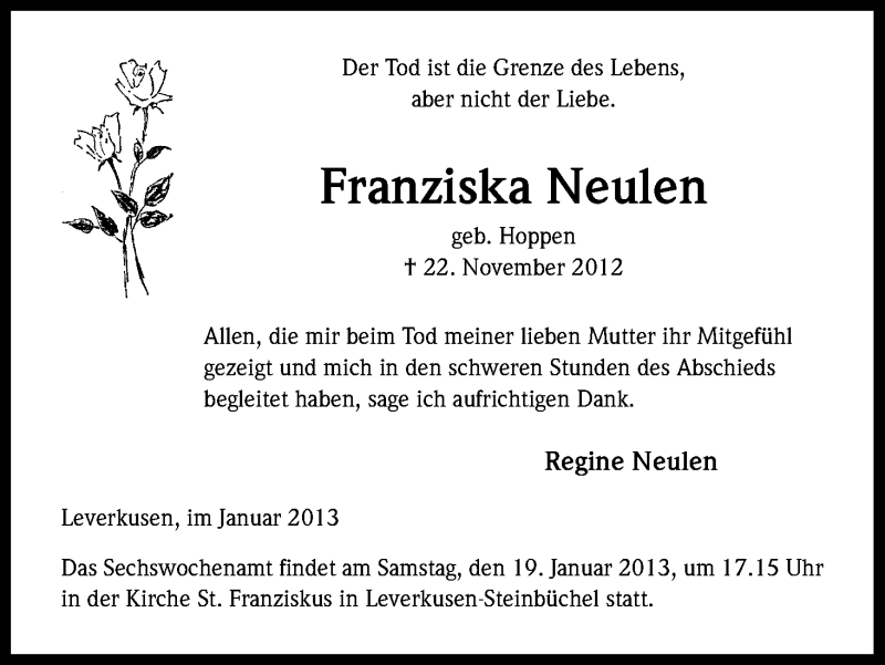  Traueranzeige für Franziska Neulen vom 16.01.2013 aus Kölner Stadt-Anzeiger / Kölnische Rundschau / Express