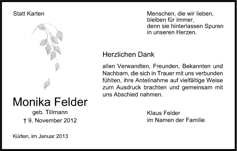  Traueranzeige für Monika Felder vom 12.01.2013 aus Kölner Stadt-Anzeiger / Kölnische Rundschau / Express