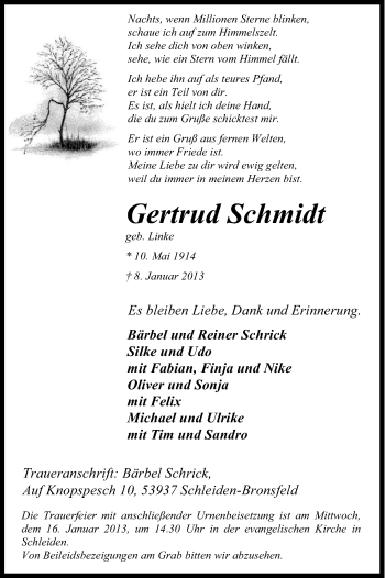 Anzeige von Gertrud Schmidt von Kölner Stadt-Anzeiger / Kölnische Rundschau / Express