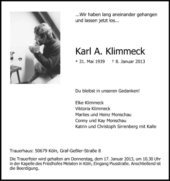 Anzeige von Karl Klimmeck von Kölner Stadt-Anzeiger / Kölnische Rundschau / Express