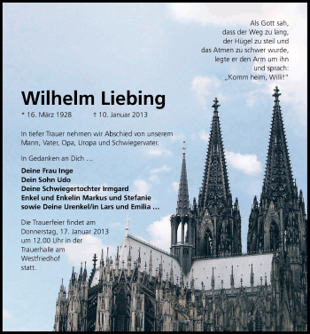 Anzeige von Wilhelm Liebing von Kölner Stadt-Anzeiger / Kölnische Rundschau / Express