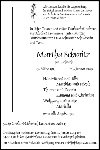Anzeige von Martha Schmitz von Kölner Stadt-Anzeiger / Kölnische Rundschau / Express