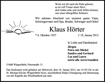 Anzeige von Klaus Hörter von Kölner Stadt-Anzeiger / Kölnische Rundschau / Express