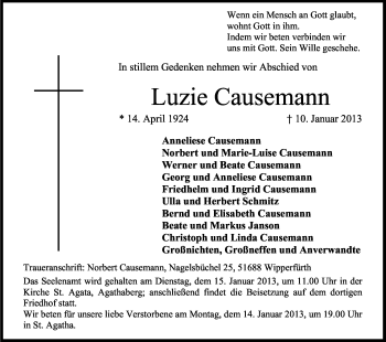 Anzeige von Luzie Causemann von Kölner Stadt-Anzeiger / Kölnische Rundschau / Express
