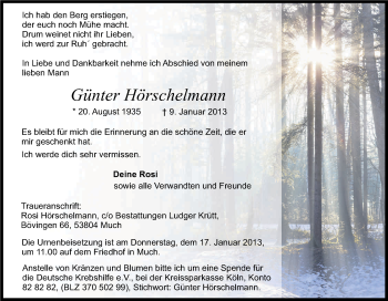 Anzeige von Günter Hörschelmann von Kölner Stadt-Anzeiger / Kölnische Rundschau / Express