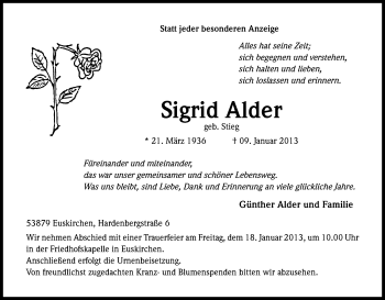 Anzeige von Sigrid Alder von Kölner Stadt-Anzeiger / Kölnische Rundschau / Express