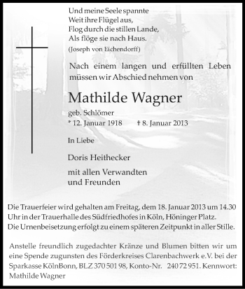 Anzeige von Mathilde Wagner von Kölner Stadt-Anzeiger / Kölnische Rundschau / Express