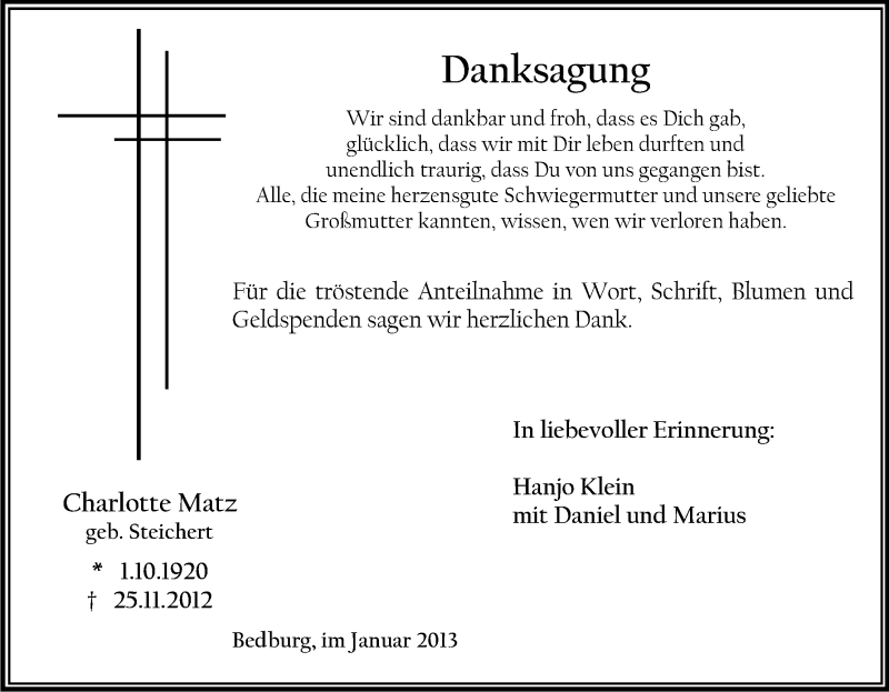  Traueranzeige für Charlotte Matz vom 12.01.2013 aus Kölner Stadt-Anzeiger / Kölnische Rundschau / Express