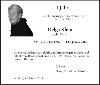 Anzeige von Helga Klein von Kölner Stadt-Anzeiger / Kölnische Rundschau / Express