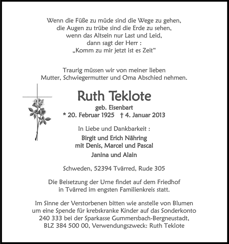  Traueranzeige für Ruth Teklote vom 12.01.2013 aus Kölner Stadt-Anzeiger / Kölnische Rundschau / Express