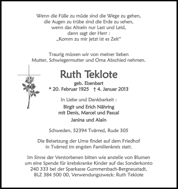 Anzeige von Ruth Teklote von Kölner Stadt-Anzeiger / Kölnische Rundschau / Express