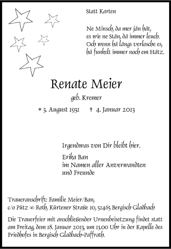 Anzeige von Renate Meier von Kölner Stadt-Anzeiger / Kölnische Rundschau / Express