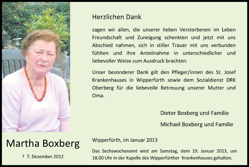  Traueranzeige für Martha Boxberg vom 12.01.2013 aus Kölner Stadt-Anzeiger / Kölnische Rundschau / Express