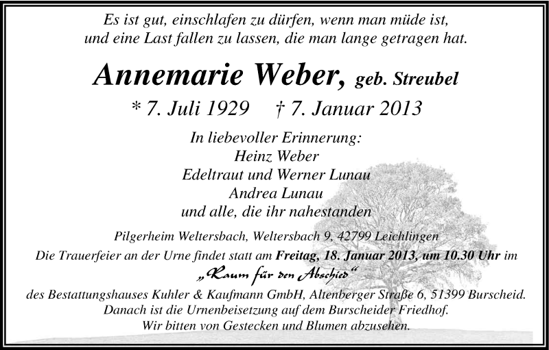  Traueranzeige für Annemarie Weber vom 14.01.2013 aus Kölner Stadt-Anzeiger / Kölnische Rundschau / Express