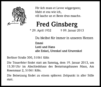 Anzeige von Fred Ginsberg von Kölner Stadt-Anzeiger / Kölnische Rundschau / Express