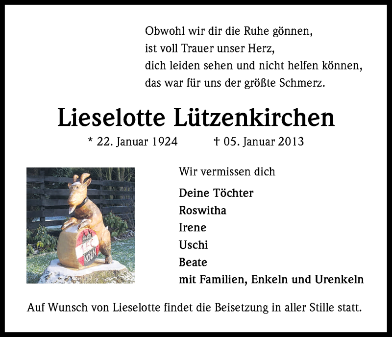  Traueranzeige für Lieselotte Lützenkirchen vom 12.01.2013 aus Kölner Stadt-Anzeiger / Kölnische Rundschau / Express