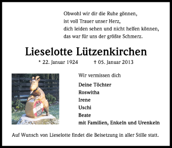 Anzeige von Lieselotte Lützenkirchen von Kölner Stadt-Anzeiger / Kölnische Rundschau / Express