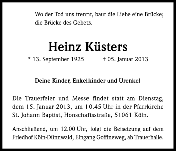 Anzeige von Heinz Küsters von Kölner Stadt-Anzeiger / Kölnische Rundschau / Express