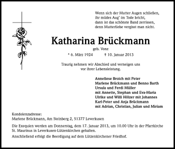 Anzeige von Katharina Brückmann von Kölner Stadt-Anzeiger / Kölnische Rundschau / Express