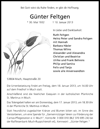 Anzeige von Günter Feltgen von Kölner Stadt-Anzeiger / Kölnische Rundschau / Express