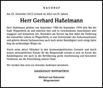Anzeige von Gerhard Haßelmann von Kölner Stadt-Anzeiger / Kölnische Rundschau / Express